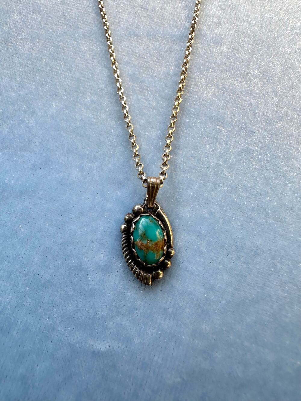 Vintage Sterling Silver Oval Turquoise Pendant Necklace Handmade Southwest